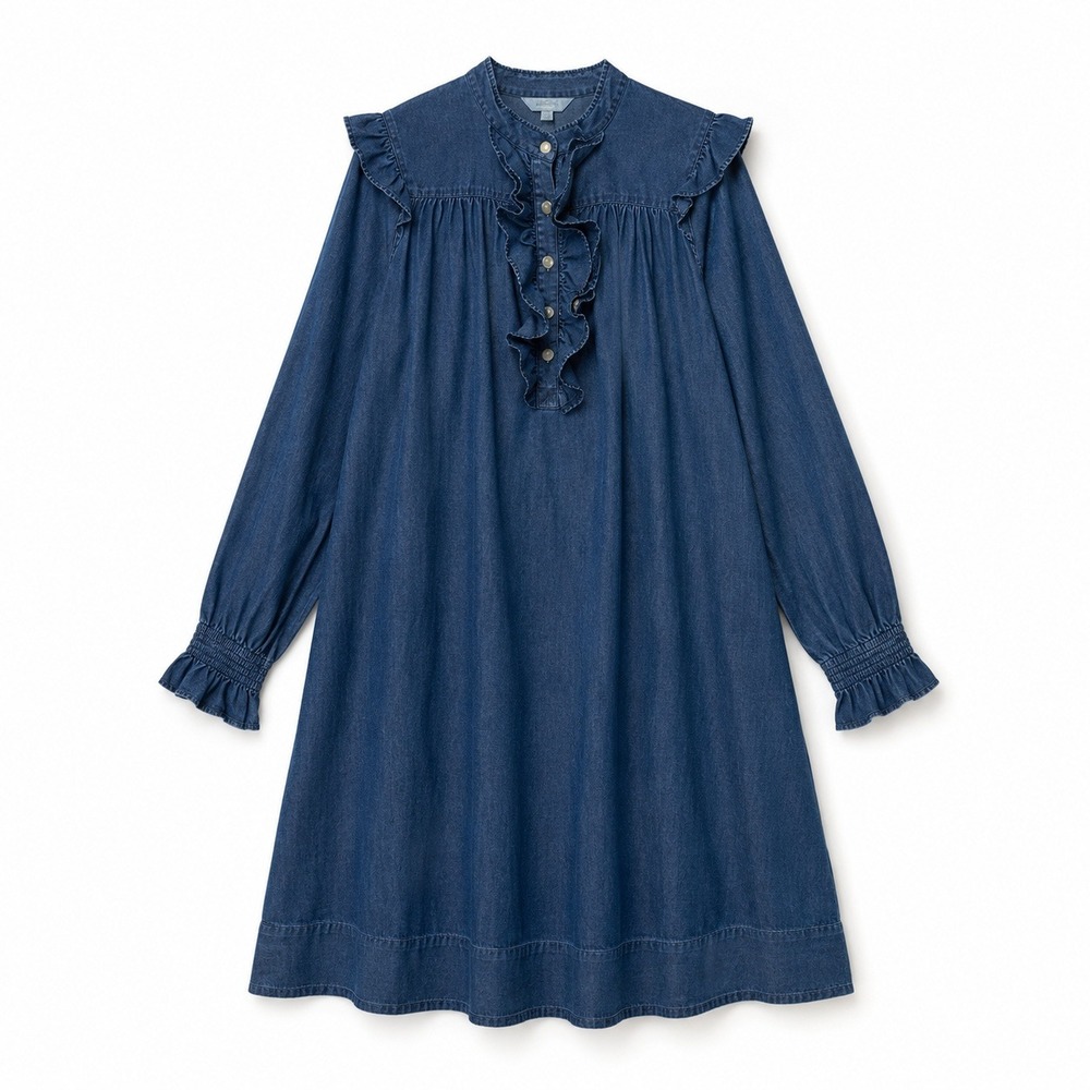 Draper James Ruffle Denim Shift Dress Siize M Blue Cottagecore Rustic Cowgirl - Picture 2 of 10